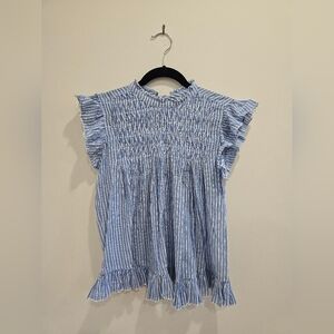 By Anthropologie Womens Size Medium High Neck Blue & White Striped Smocked Shirt